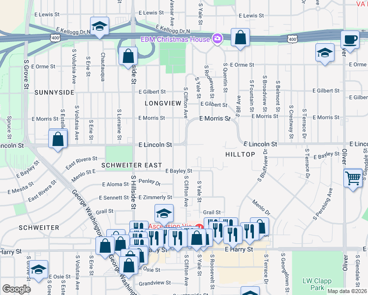 map of restaurants, bars, coffee shops, grocery stores, and more near 927 South Clifton Avenue in Wichita