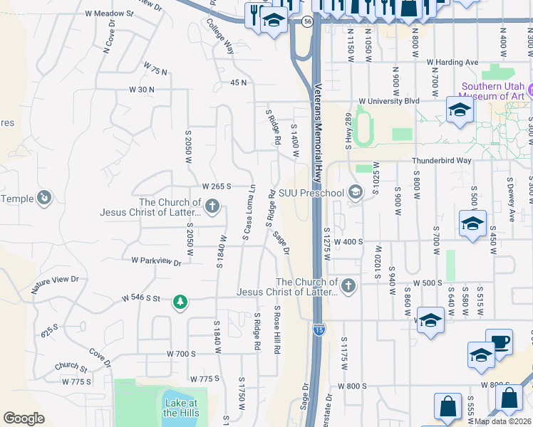 map of restaurants, bars, coffee shops, grocery stores, and more near 320 South Ridge Road in Cedar City