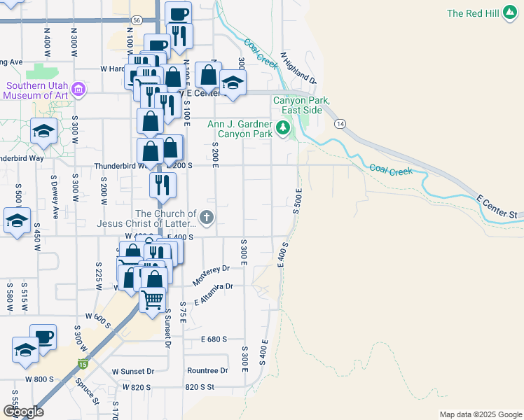 map of restaurants, bars, coffee shops, grocery stores, and more near 334 South 400 East in Cedar City