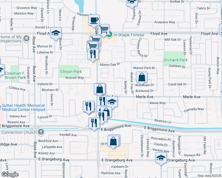 map of restaurants, bars, coffee shops, grocery stores, and more near 1900 Oakdale Road in Modesto