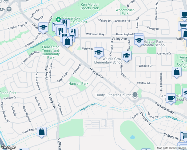 map of restaurants, bars, coffee shops, grocery stores, and more near 5553 Black Avenue in Pleasanton
