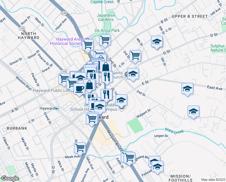 map of restaurants, bars, coffee shops, grocery stores, and more near 1066 Armstrong Street in Hayward