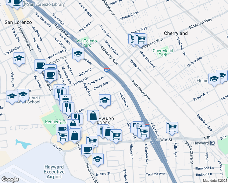 map of restaurants, bars, coffee shops, grocery stores, and more near 452 Bartlett Avenue in Hayward