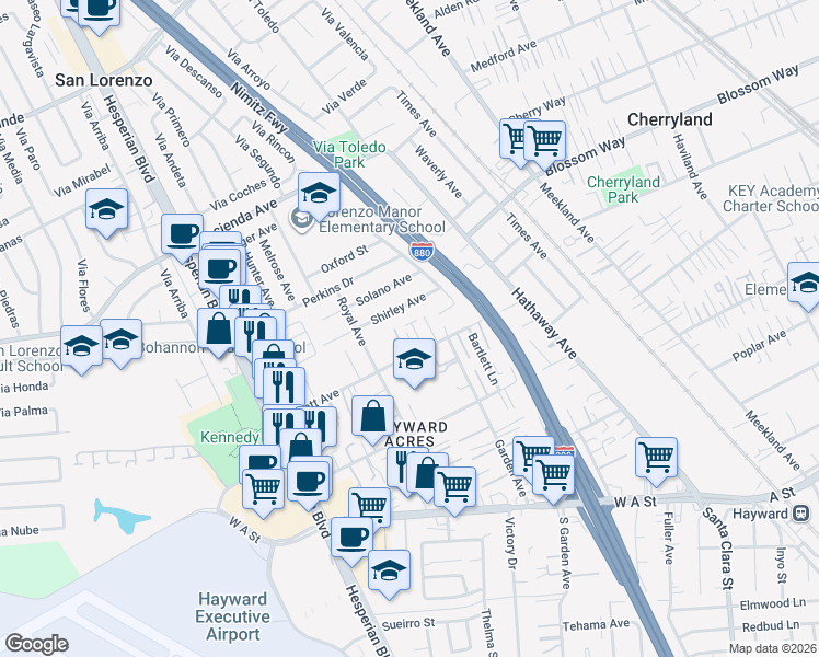 map of restaurants, bars, coffee shops, grocery stores, and more near 527 Bartlett Avenue in Hayward