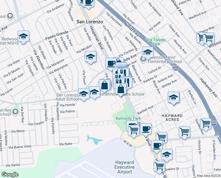 map of restaurants, bars, coffee shops, grocery stores, and more near 746 Bockman Road in San Lorenzo