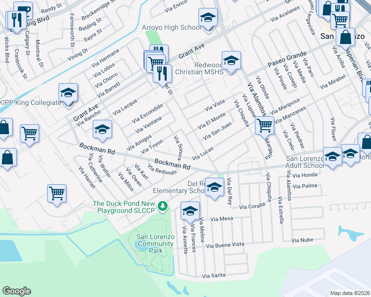 map of restaurants, bars, coffee shops, grocery stores, and more near 16200 Vía Sonora in San Lorenzo