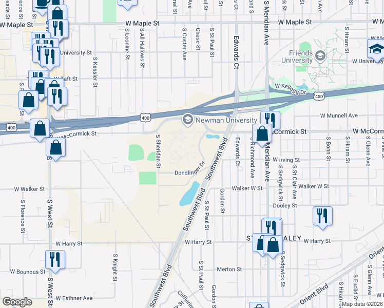 map of restaurants, bars, coffee shops, grocery stores, and more near in Wichita