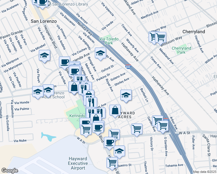 map of restaurants, bars, coffee shops, grocery stores, and more near 19665 Royal Avenue in Hayward