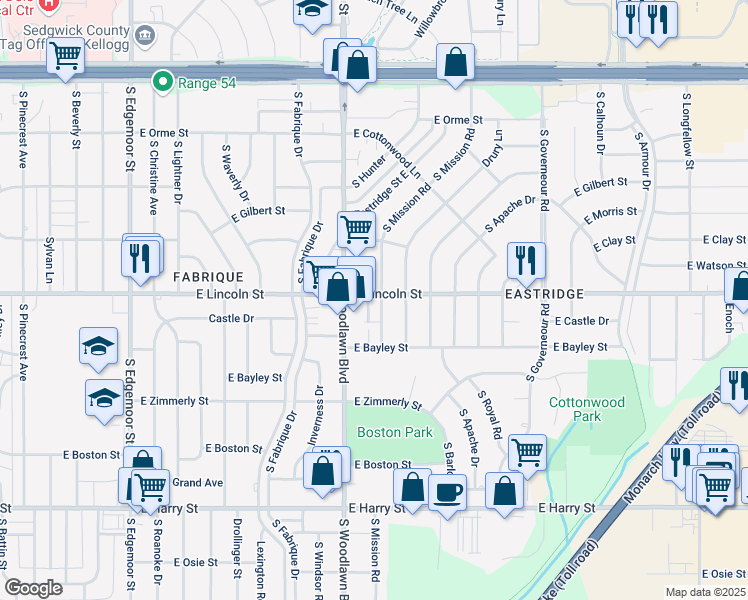 map of restaurants, bars, coffee shops, grocery stores, and more near 936 South Woodlawn Boulevard in Wichita