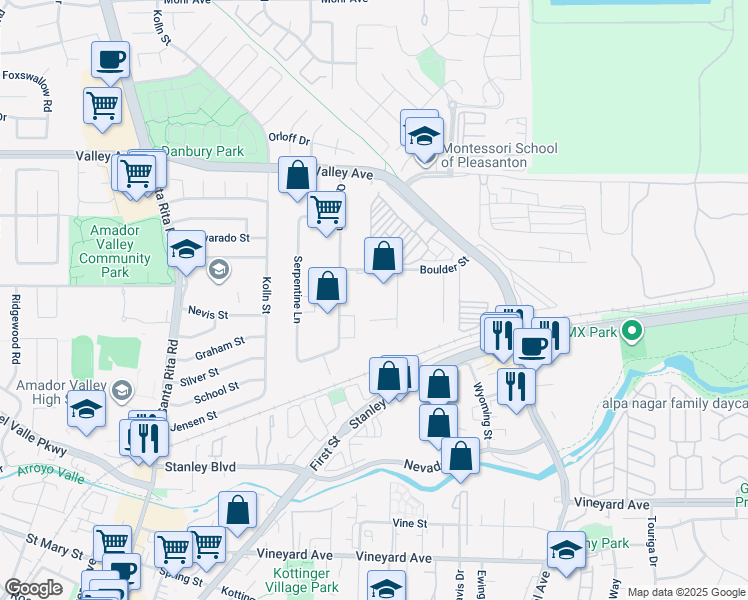map of restaurants, bars, coffee shops, grocery stores, and more near 405 Boulder Court in Pleasanton