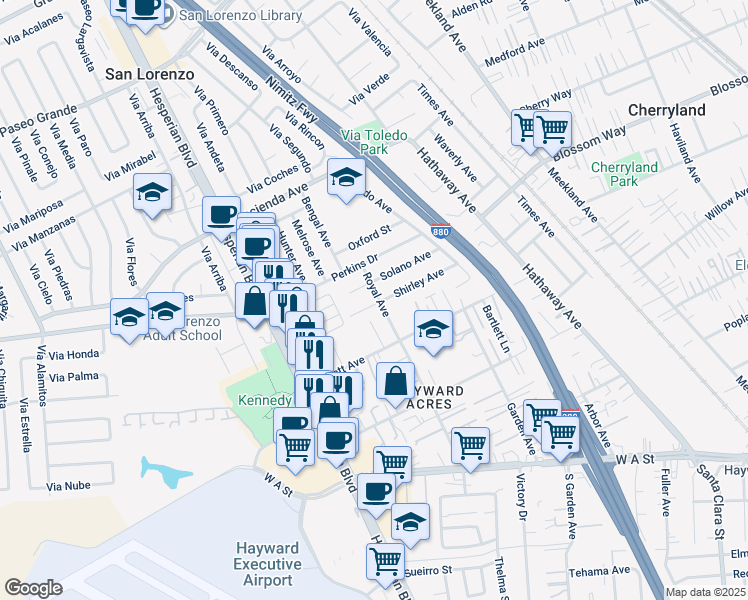 map of restaurants, bars, coffee shops, grocery stores, and more near 19665 Royal Avenue in Hayward