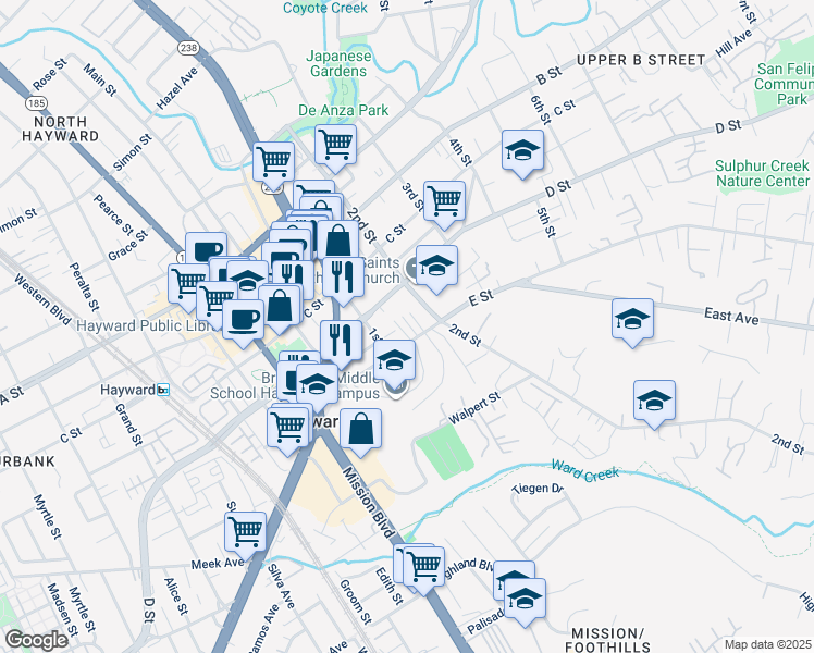 map of restaurants, bars, coffee shops, grocery stores, and more near 1180 E Street in Hayward