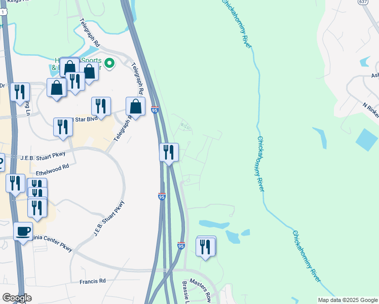 map of restaurants, bars, coffee shops, grocery stores, and more near 924 Pale Moon Drive in Glen Allen