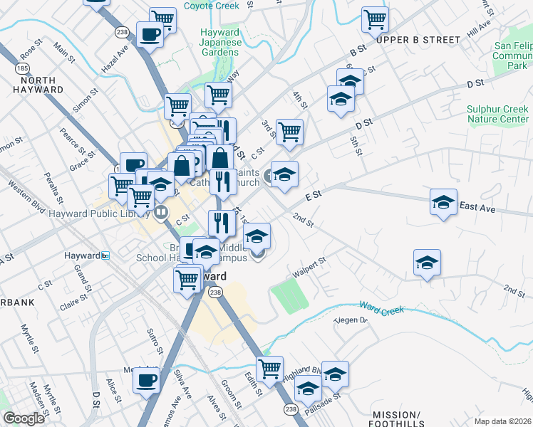map of restaurants, bars, coffee shops, grocery stores, and more near 1175 D Street in Hayward