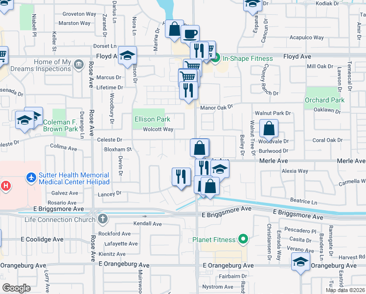 map of restaurants, bars, coffee shops, grocery stores, and more near 1911 Tradewinds Court in Modesto