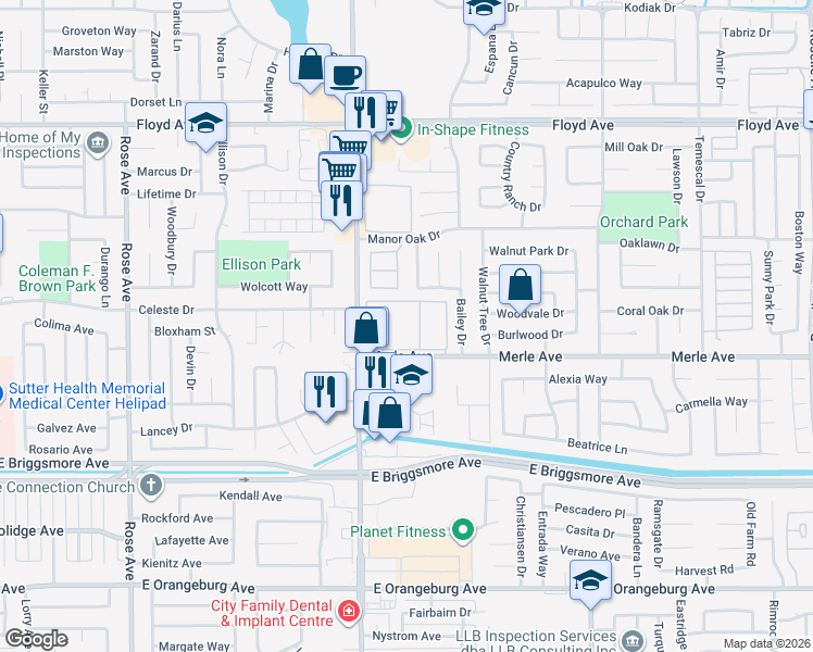 map of restaurants, bars, coffee shops, grocery stores, and more near 1900 Oakdale Road in Modesto