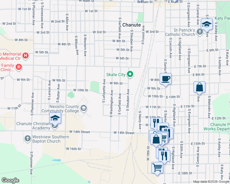 map of restaurants, bars, coffee shops, grocery stores, and more near 901-999 South Washington Avenue in Chanute
