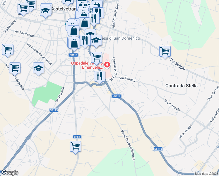 map of restaurants, bars, coffee shops, grocery stores, and more near 26 Via Marinella in Castelvetrano