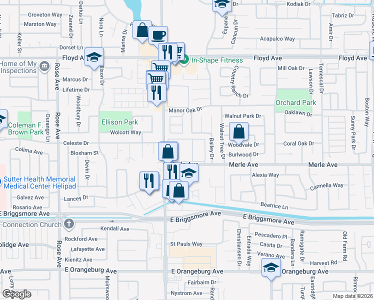 map of restaurants, bars, coffee shops, grocery stores, and more near 1900 Oakdale Road in Modesto