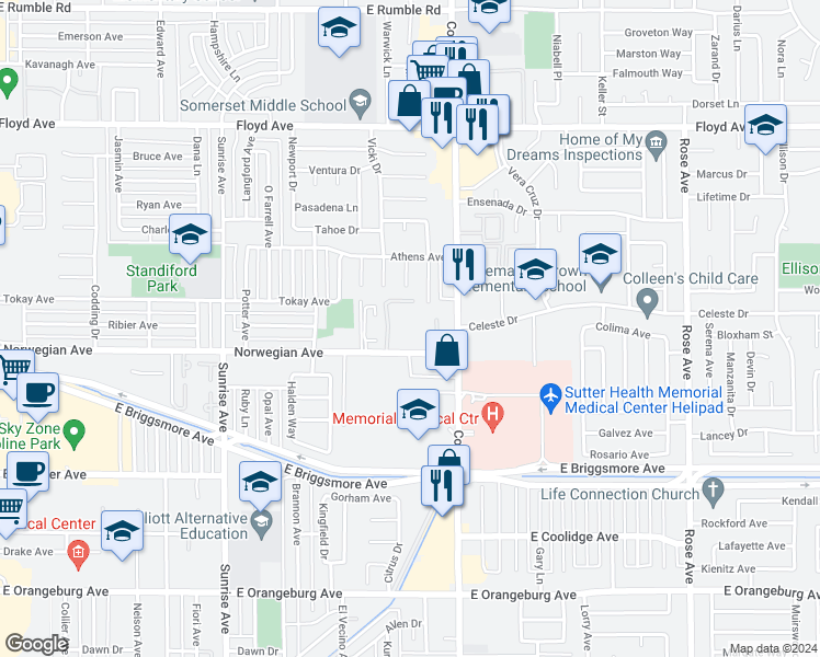 map of restaurants, bars, coffee shops, grocery stores, and more near 2001 La Veta Court in Modesto
