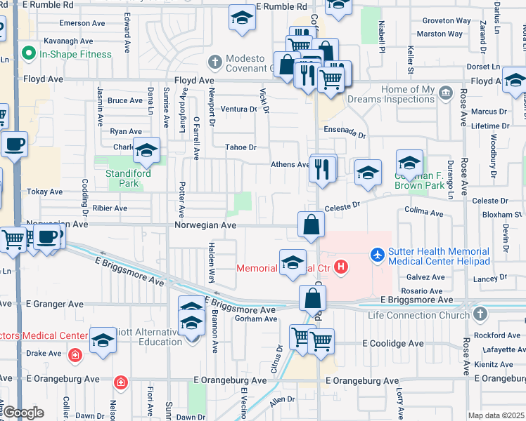 map of restaurants, bars, coffee shops, grocery stores, and more near 2000 La Jolla Court in Modesto