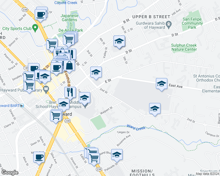 map of restaurants, bars, coffee shops, grocery stores, and more near 1275 E Street in Hayward