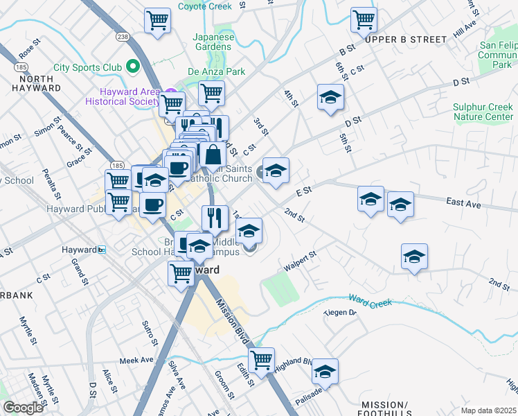 map of restaurants, bars, coffee shops, grocery stores, and more near 1175 D Street in Hayward