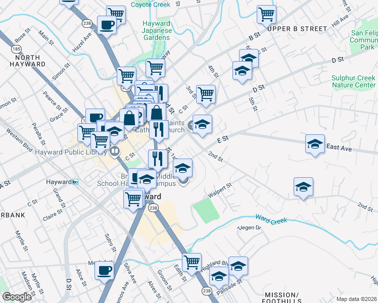map of restaurants, bars, coffee shops, grocery stores, and more near 1175 D Street in Hayward