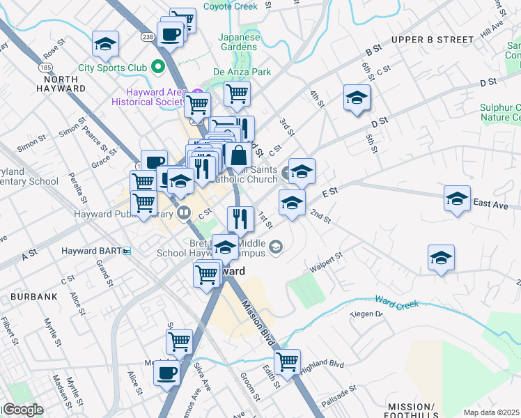 map of restaurants, bars, coffee shops, grocery stores, and more near 22748 1st Street in Hayward