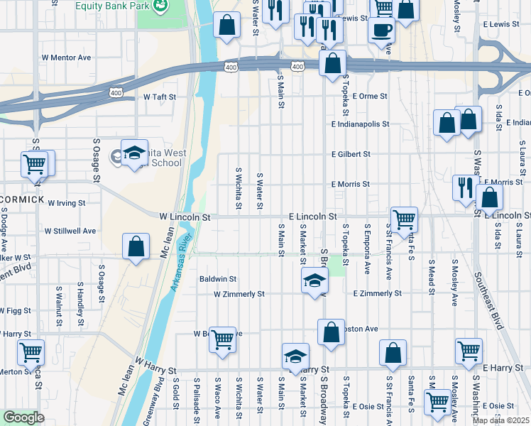 map of restaurants, bars, coffee shops, grocery stores, and more near 1119 South Water Street in Wichita