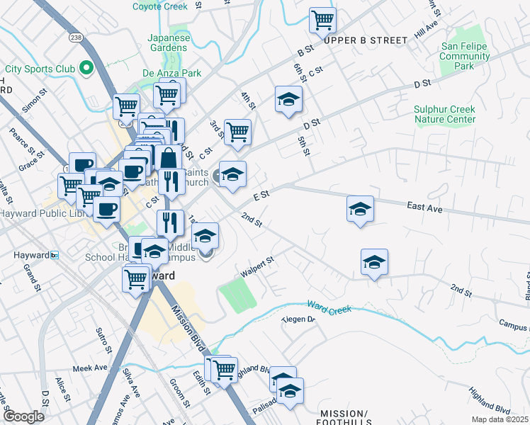 map of restaurants, bars, coffee shops, grocery stores, and more near 23976 2nd Street in Hayward
