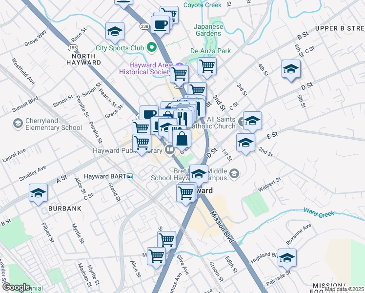 map of restaurants, bars, coffee shops, grocery stores, and more near 22650 Main Street in Hayward