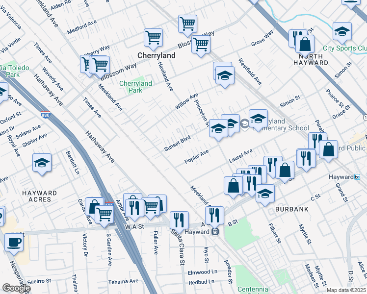 map of restaurants, bars, coffee shops, grocery stores, and more near 215 Sunset Boulevard in Hayward