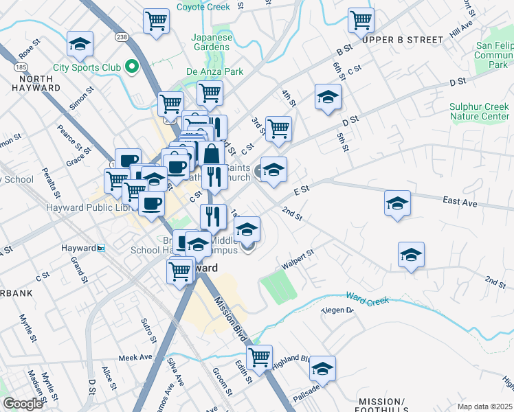 map of restaurants, bars, coffee shops, grocery stores, and more near 1182 E Street in Hayward