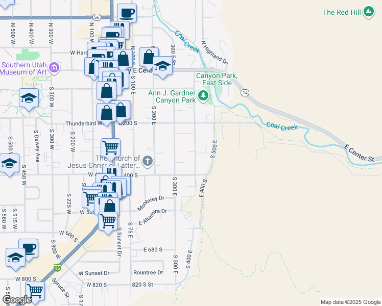 map of restaurants, bars, coffee shops, grocery stores, and more near 282 South 400 East in Cedar City