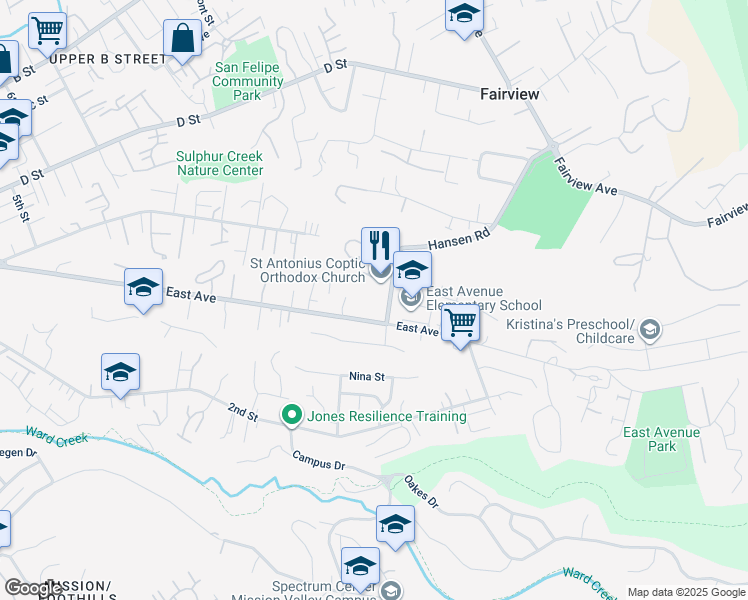 map of restaurants, bars, coffee shops, grocery stores, and more near 2500 Hansen Road in Hayward