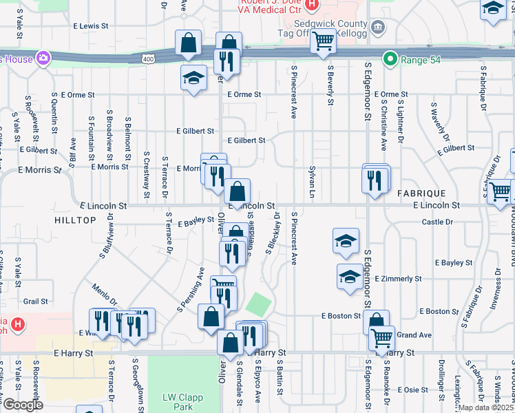 map of restaurants, bars, coffee shops, grocery stores, and more near 899 Elpyco St in Wichita