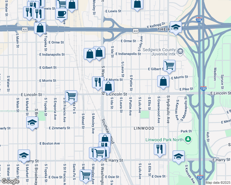 map of restaurants, bars, coffee shops, grocery stores, and more near 1150 South Ida Street in Wichita