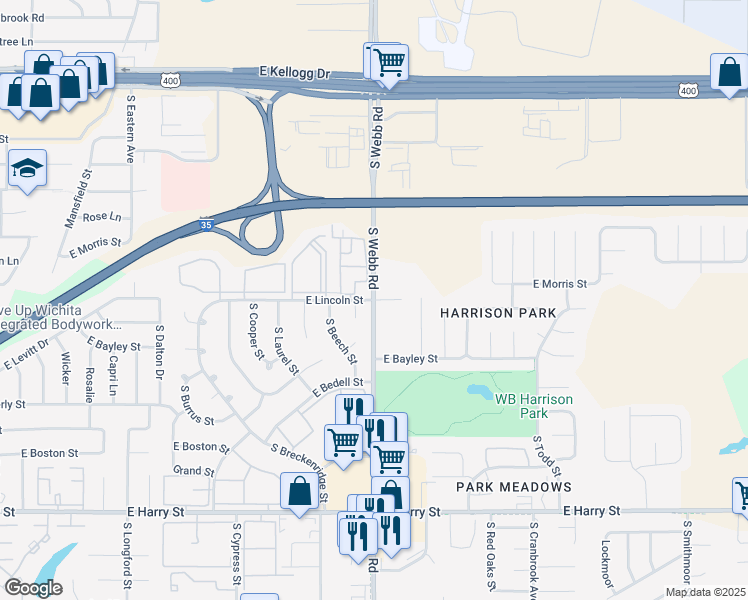 map of restaurants, bars, coffee shops, grocery stores, and more near South Webb Road & East Lincoln Street in Wichita