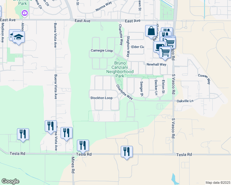 map of restaurants, bars, coffee shops, grocery stores, and more near 5408 Stockton Loop in Livermore