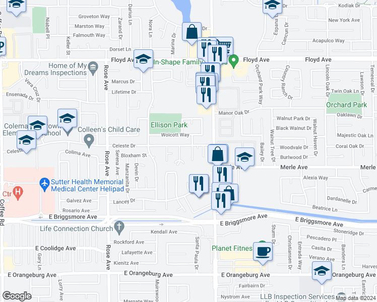 map of restaurants, bars, coffee shops, grocery stores, and more near 2055 Celeste Drive in Modesto