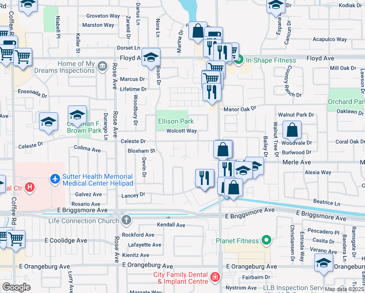 map of restaurants, bars, coffee shops, grocery stores, and more near 2031 Celeste Drive in Modesto