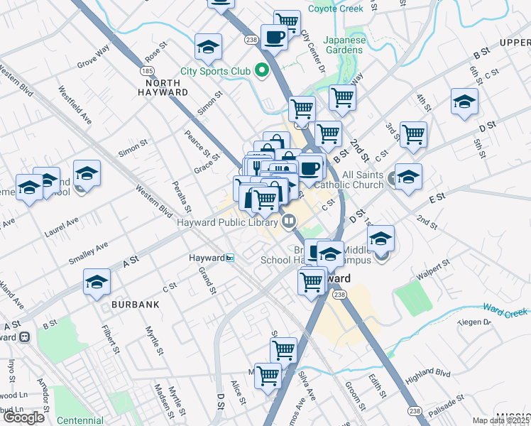 map of restaurants, bars, coffee shops, grocery stores, and more near 22503 Mission Boulevard in Hayward