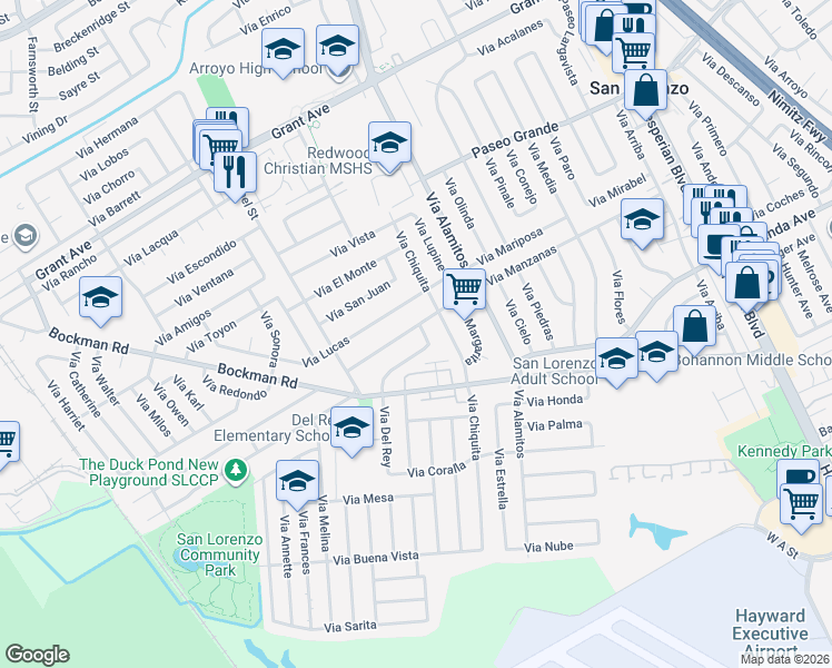 map of restaurants, bars, coffee shops, grocery stores, and more near 1296 Vía Lucas in San Lorenzo