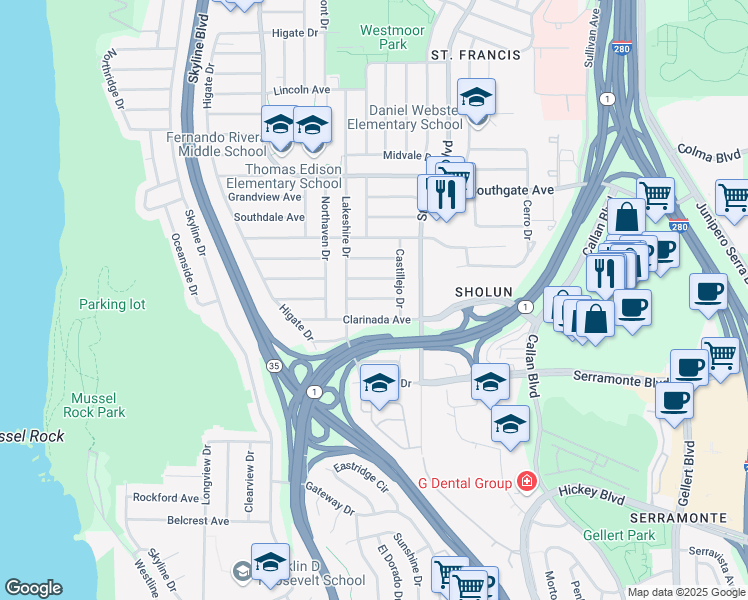 map of restaurants, bars, coffee shops, grocery stores, and more near 75 Pacifico Avenue in Daly City