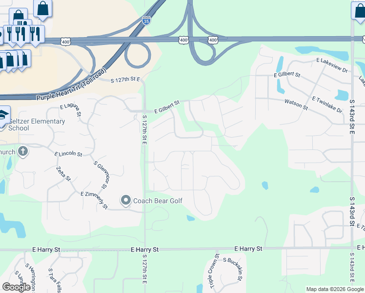 map of restaurants, bars, coffee shops, grocery stores, and more near 13007 Laguna in Wichita