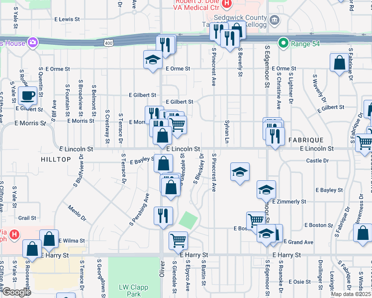 map of restaurants, bars, coffee shops, grocery stores, and more near 801-899 Elpyco Street in Wichita