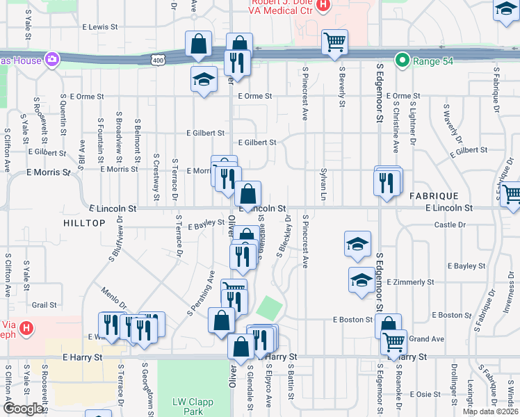 map of restaurants, bars, coffee shops, grocery stores, and more near 801-899 Elpyco Street in Wichita