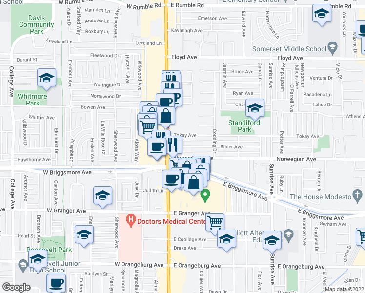 map of restaurants, bars, coffee shops, grocery stores, and more near 1911 Toyon Ave in Modesto