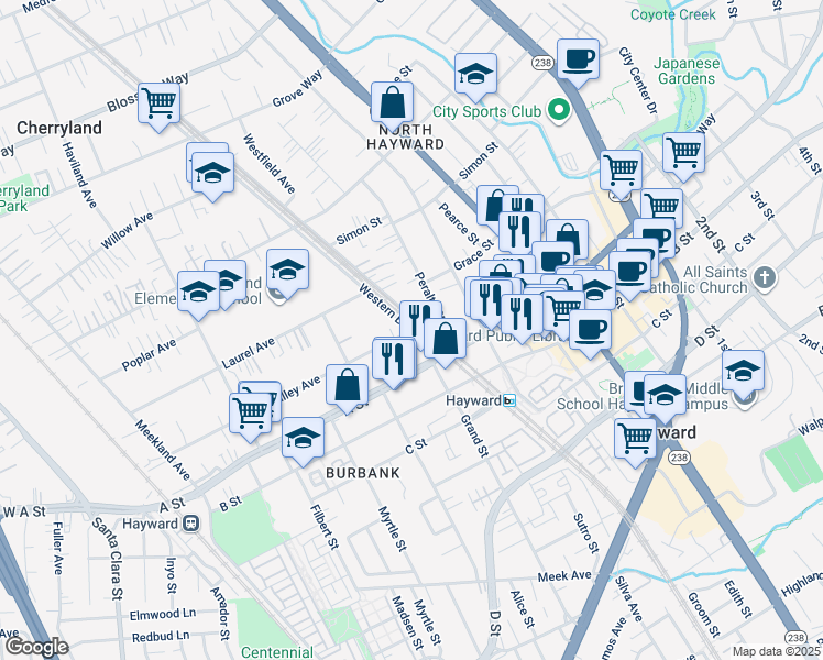 map of restaurants, bars, coffee shops, grocery stores, and more near Smalley Avenue in Hayward